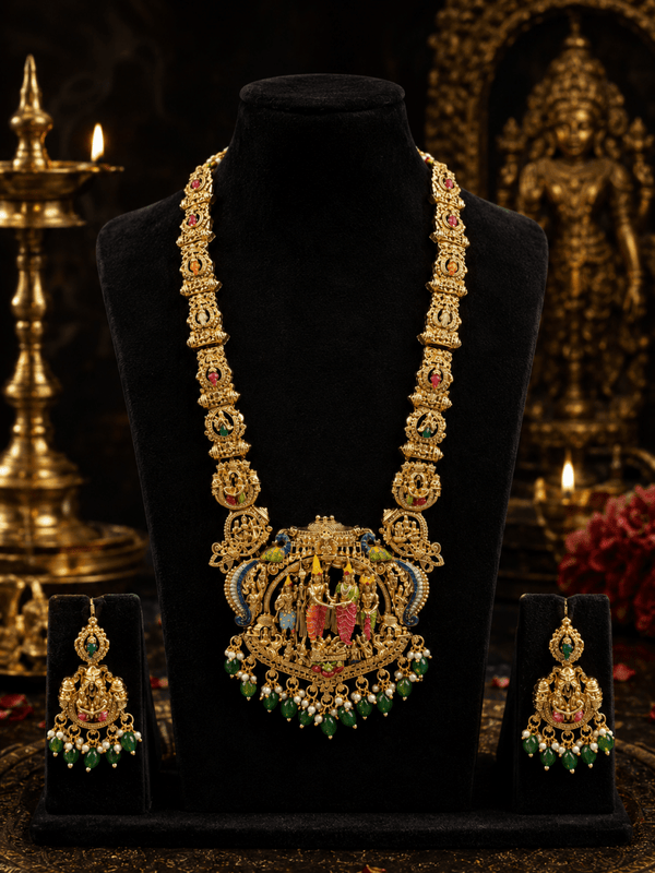 Premium Temple Ram Darbar Long Haram Necklace Set with Matching Earrings