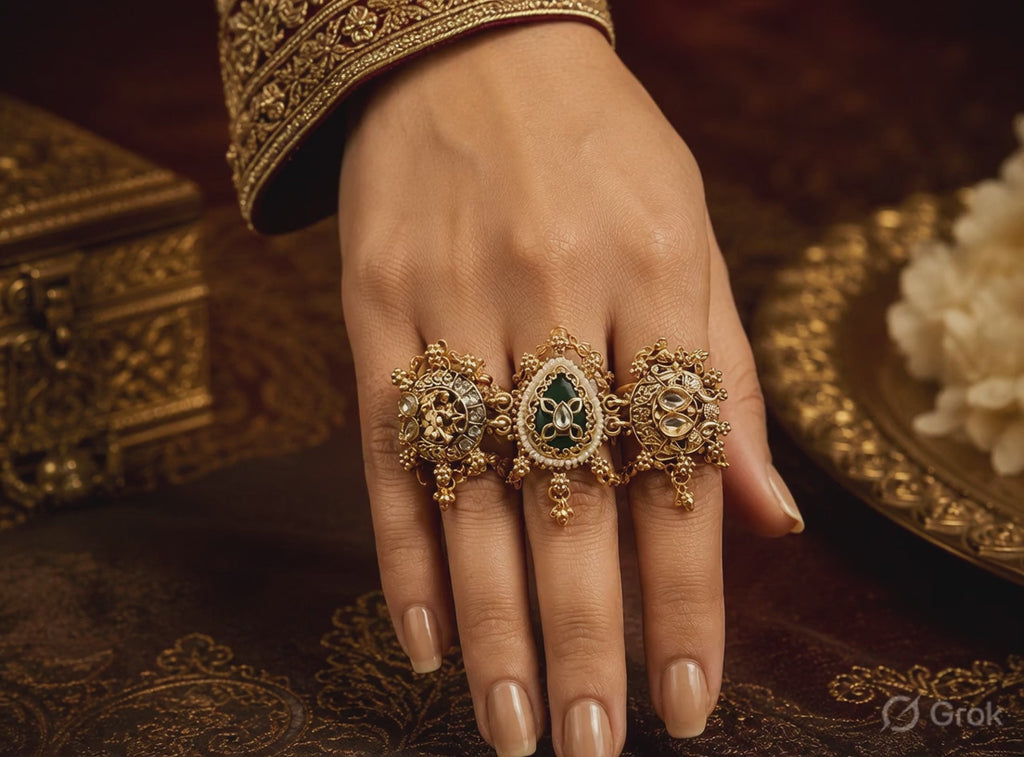 Antique Green Kundan Statement Ring for Women | Adjustable