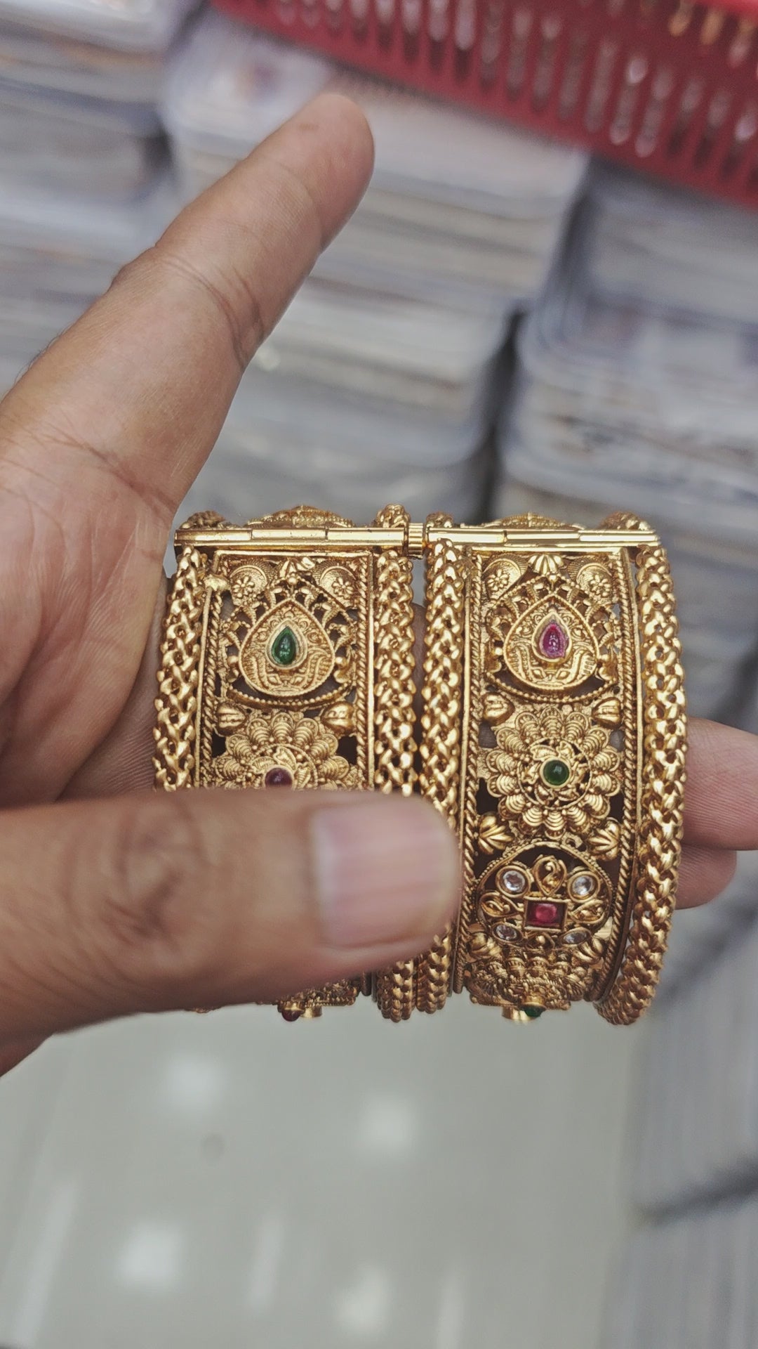 Antique Gold Temple Kada Bangles with Red & Green Stones