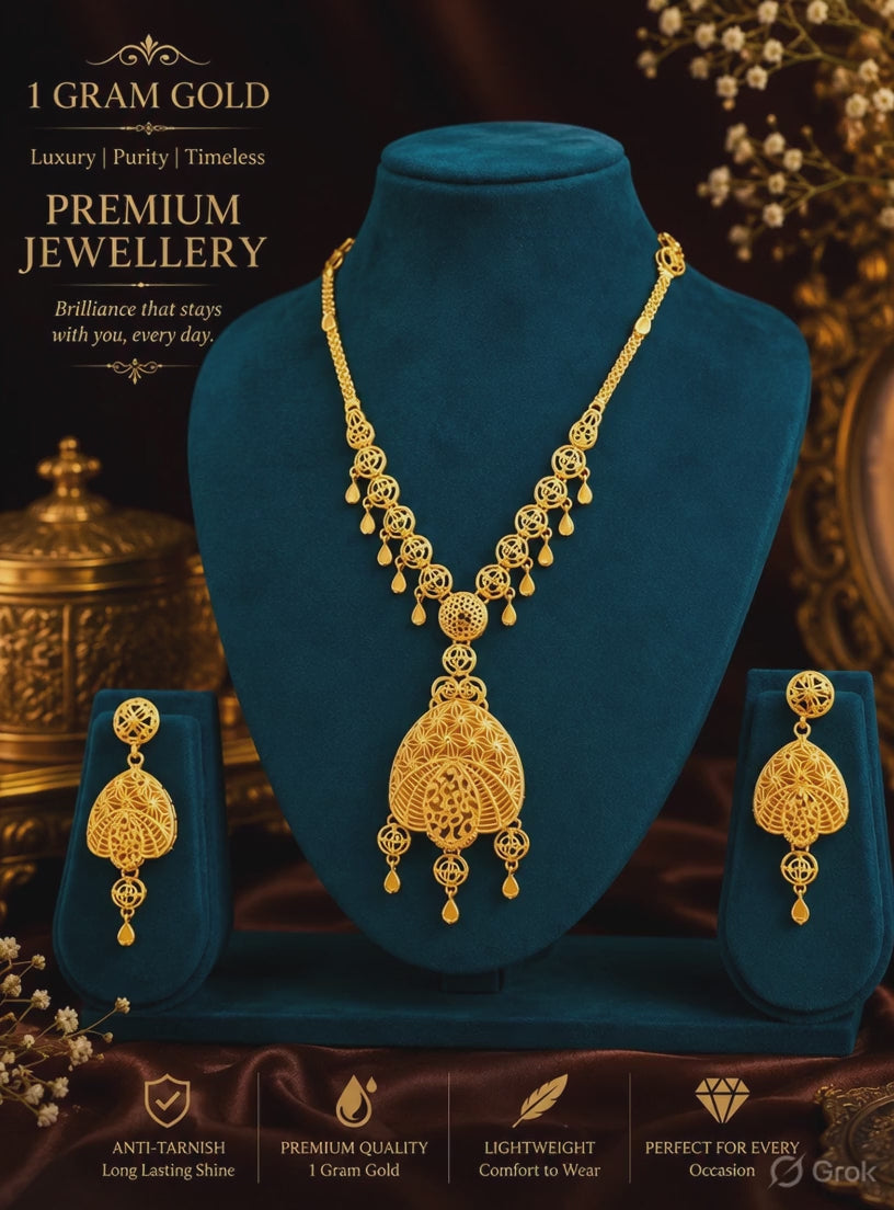 1 Gram Gold Filigree Pendant Necklace Set with Earrings for Women
