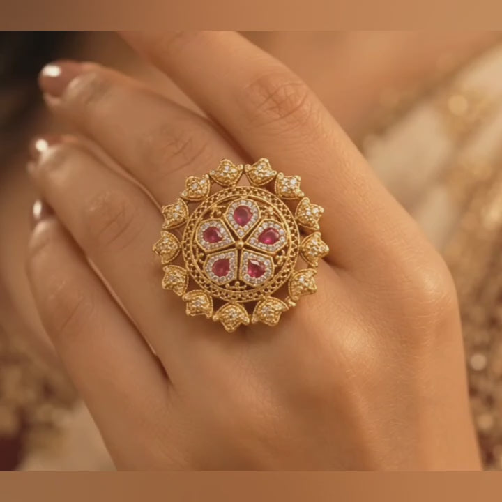 The 'Rajwada' Antique Gold-Plated Floral Statement Ring