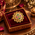 Rajrang antique gold multicolor adjustable statement ring in premium classical jewellery box