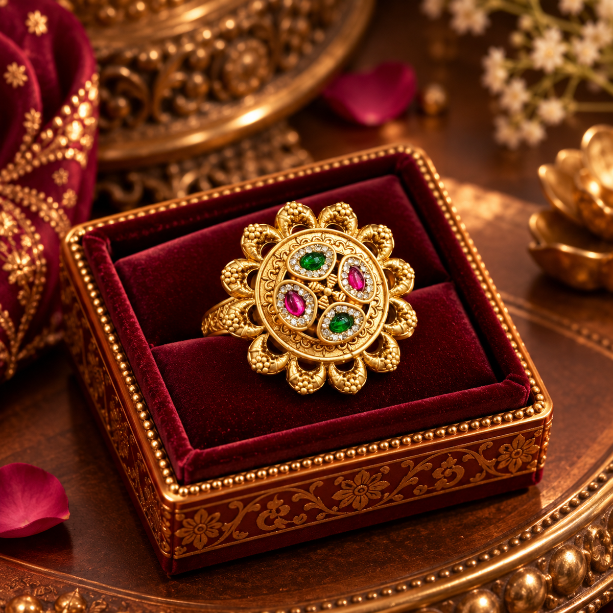 Rajrang antique gold multicolor adjustable statement ring in premium classical jewellery box
