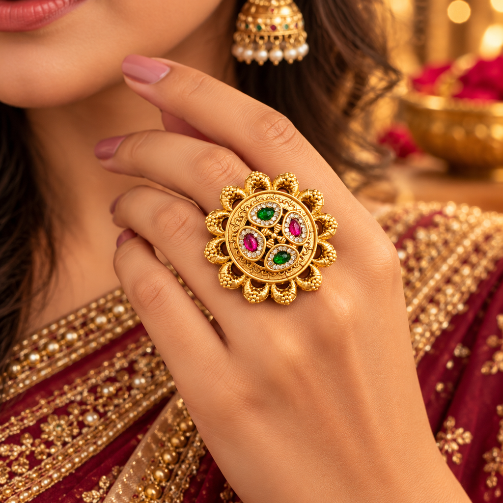 Rajrang antique gold multicolor adjustable statement ring worn on hand
