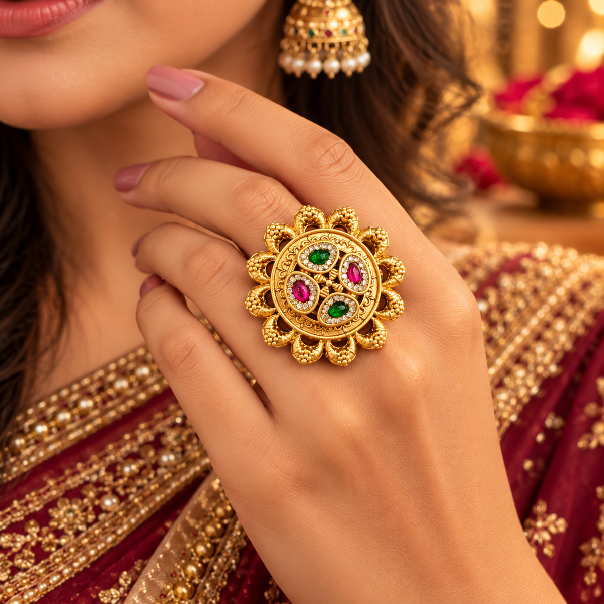 Rajrang antique gold multicolor adjustable statement ring worn on hand