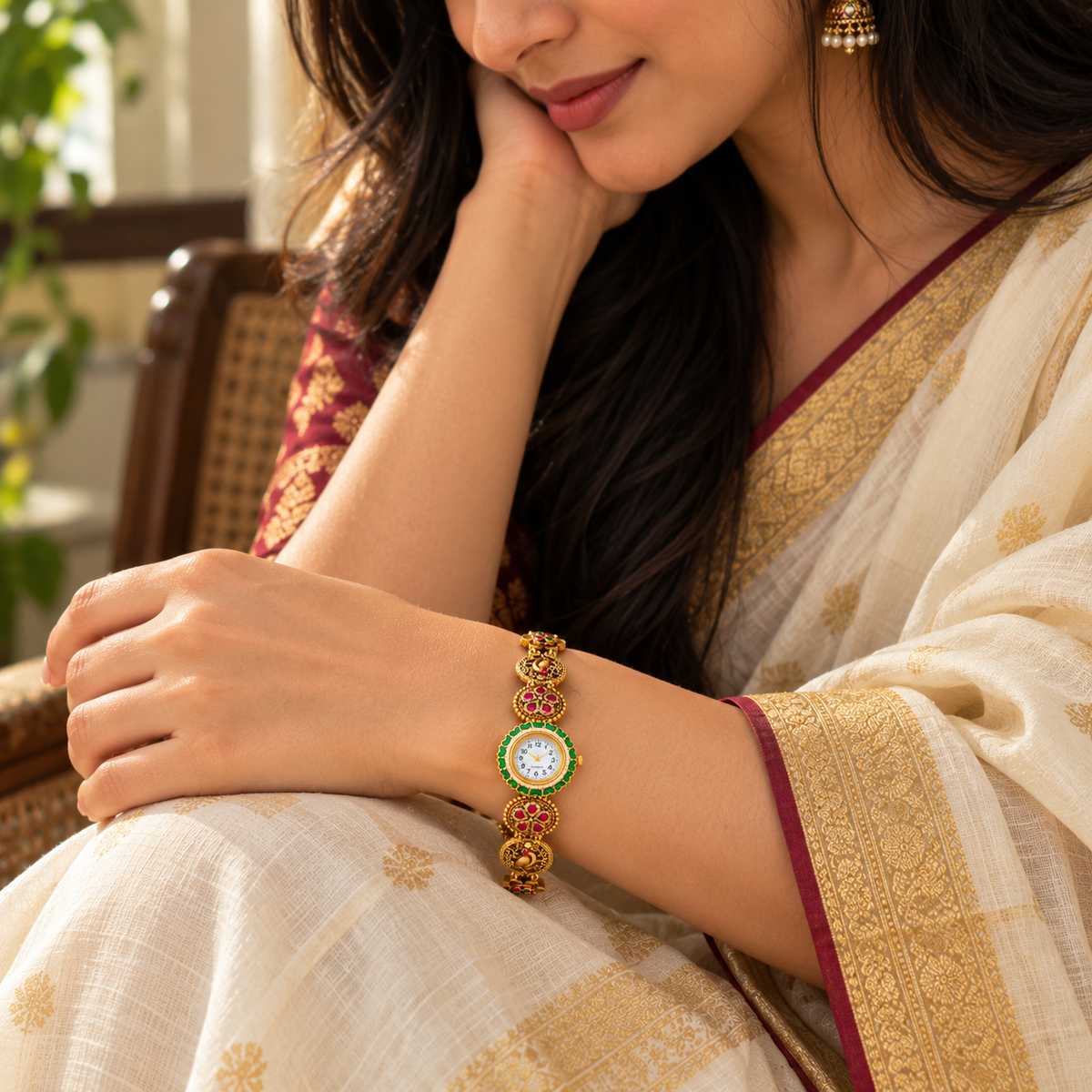 Rajsi Mayur Emerald Green antique gold heritage bracelet watch worn with an ivory gold saree