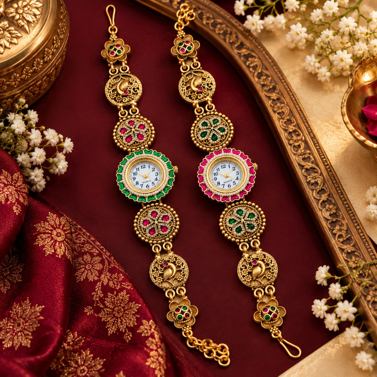 Rajsi Mayur antique gold bracelet watch in Emerald Green and Ruby Pink variants