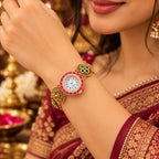 Rajsi Mayur Ruby Pink antique gold bracelet watch worn on woman's wrist