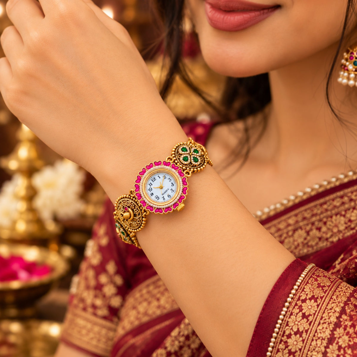 Rajsi Mayur Ruby Pink antique gold bracelet watch worn on woman's wrist
