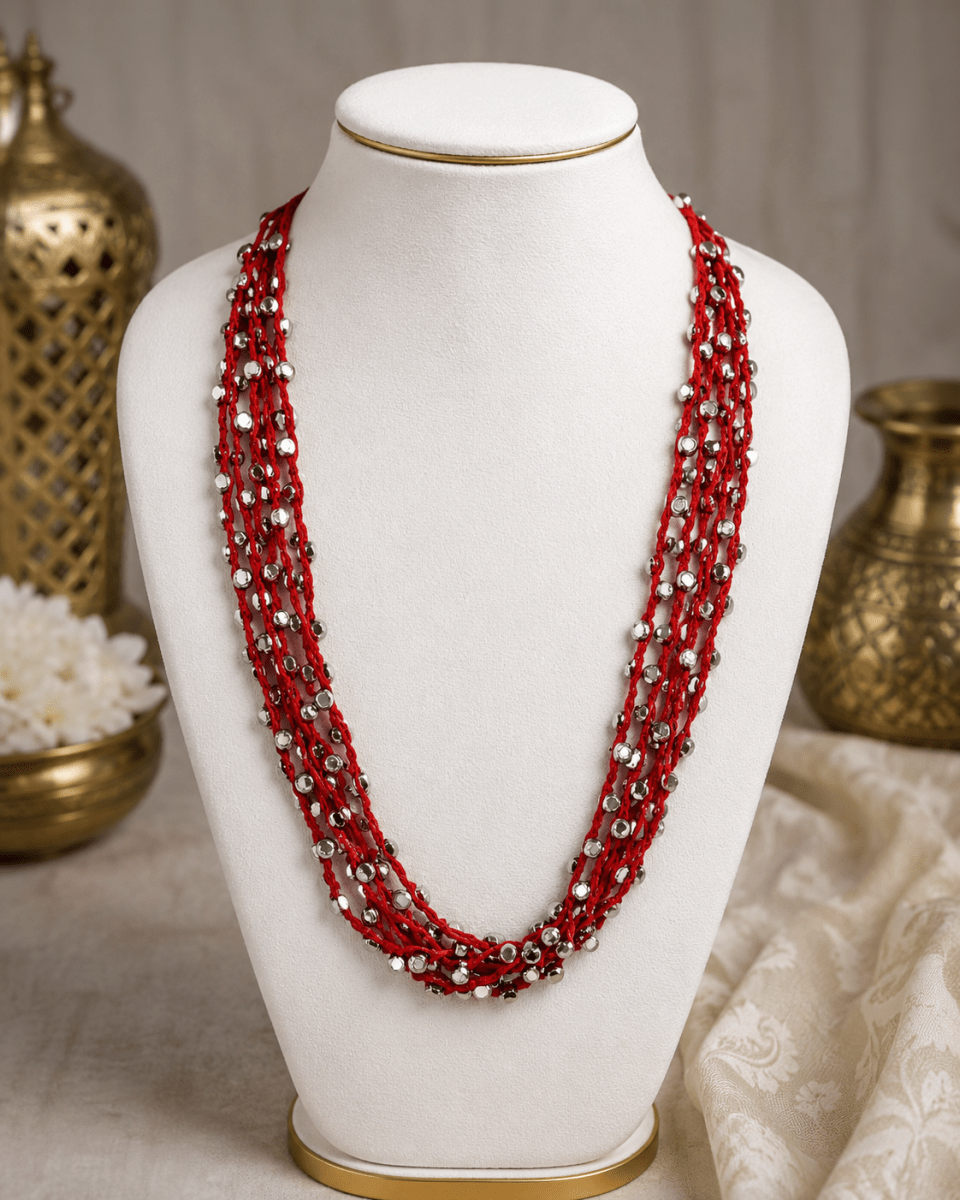 Red Thread Multi-Layer Silver Beaded Necklace - Madhushrea collection
