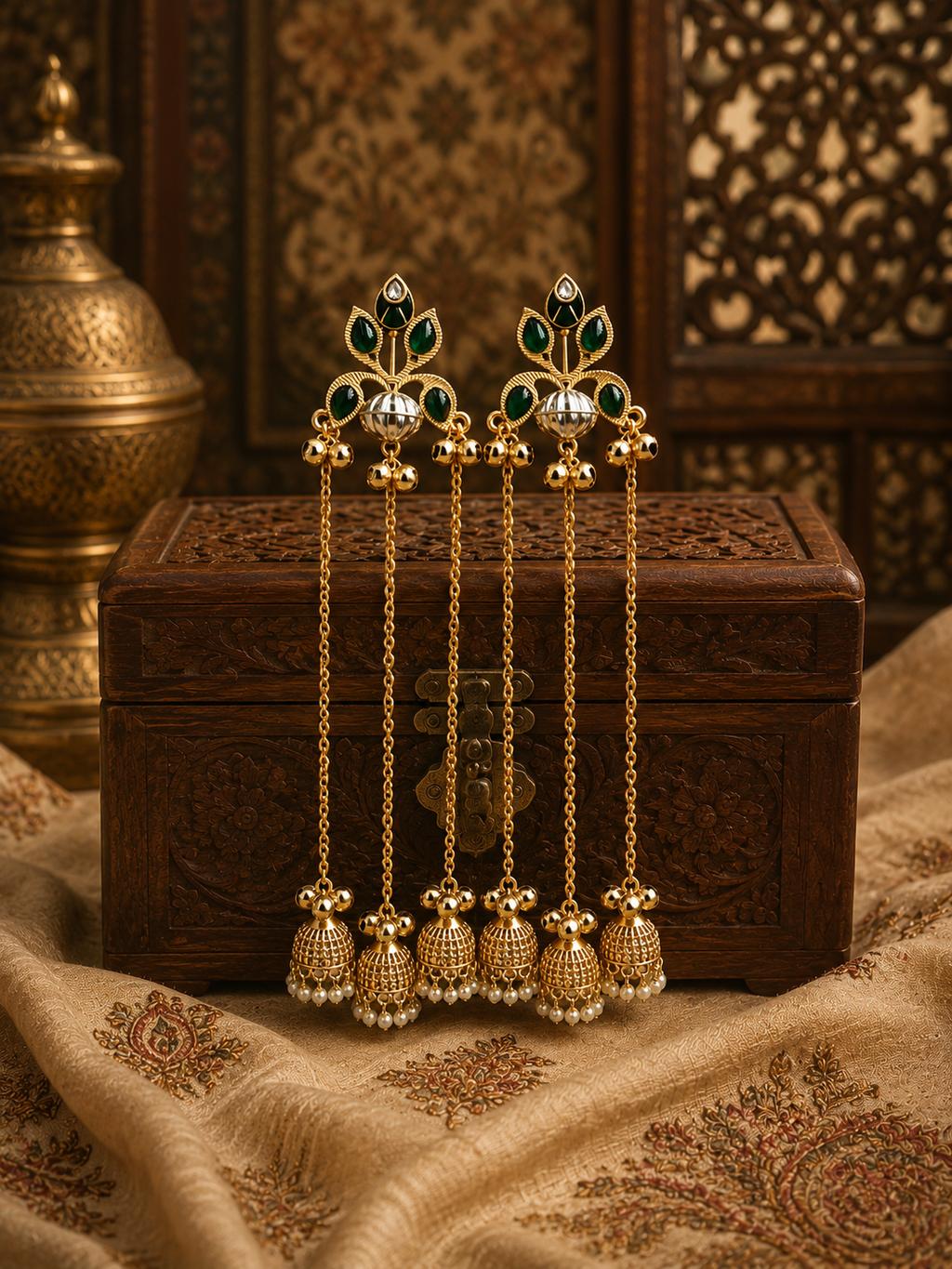 Premium Kashmiri Style Long Chain Jhumka Earrings for Women | Green Stone Gold Plated Pearl Drop Ethnic Earrings | Wedding, Festive & Party Wear