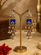 Royal blue square kundan pearl long jhumka earrings