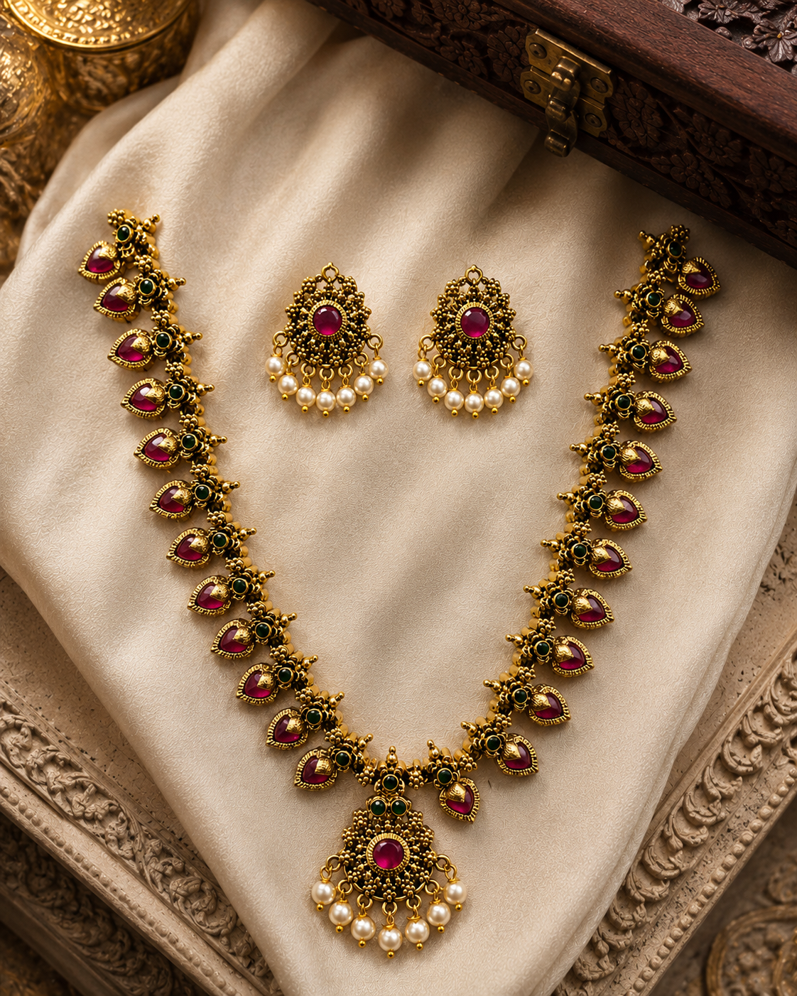 Royal Heritage Ruby Stone Necklace Set with Pearl Drops & Matching Earrings