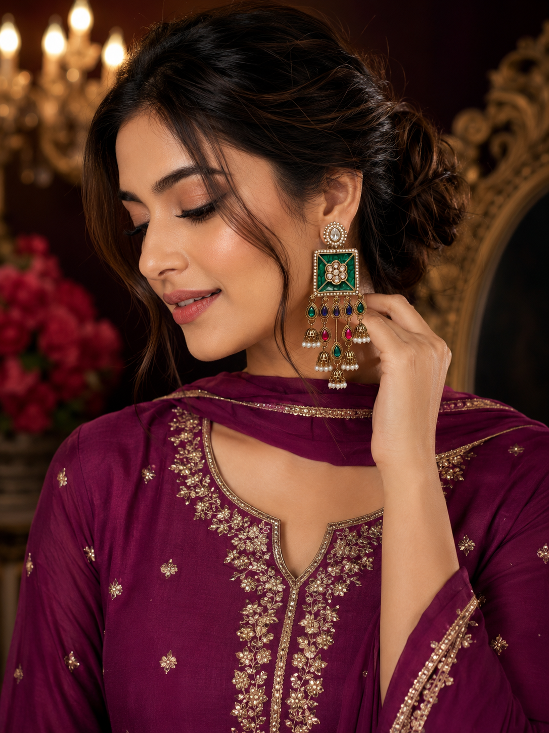 Emerald green multicolour kundan pearl jhumka earrings