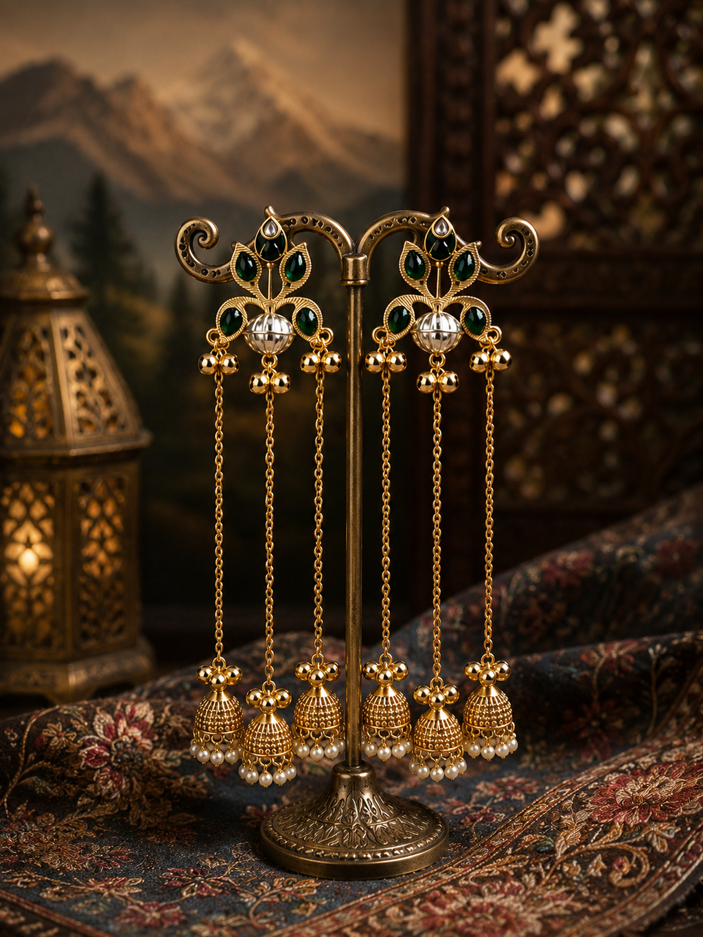 Premium Kashmiri Style Long Chain Jhumka Earrings for Women | Green Stone Gold Plated Pearl Drop Ethnic Earrings | Wedding, Festive & Party Wear