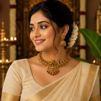 South Indian Lakshmi Temple Choker Necklace Set with Matching Jhumka Earrings in Traditional Gold Finish - close up