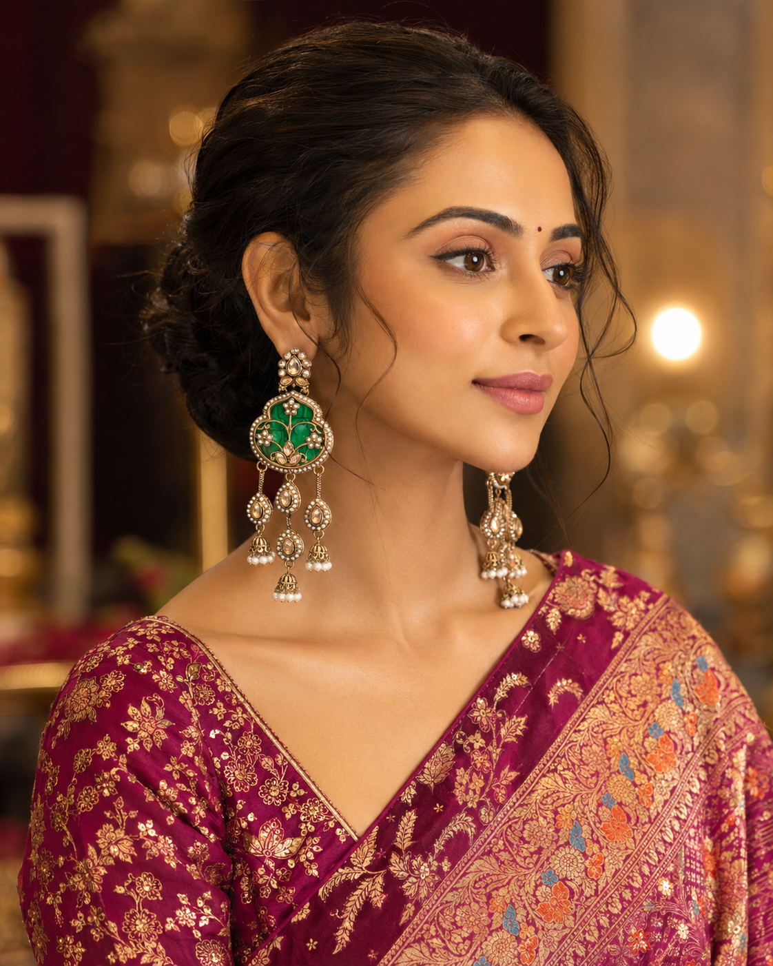 Emerald green floral kundan chandbali jhumka earrings