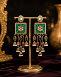 Emerald green multicolour kundan pearl jhumka earrings