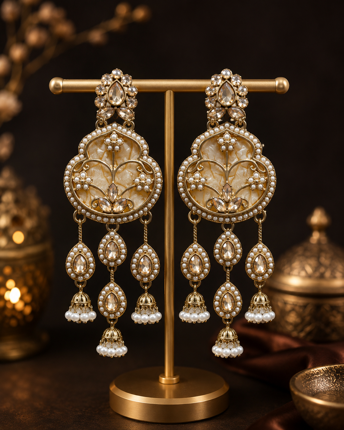 Ivory floral kundan pearl chandbali jhumka earrings