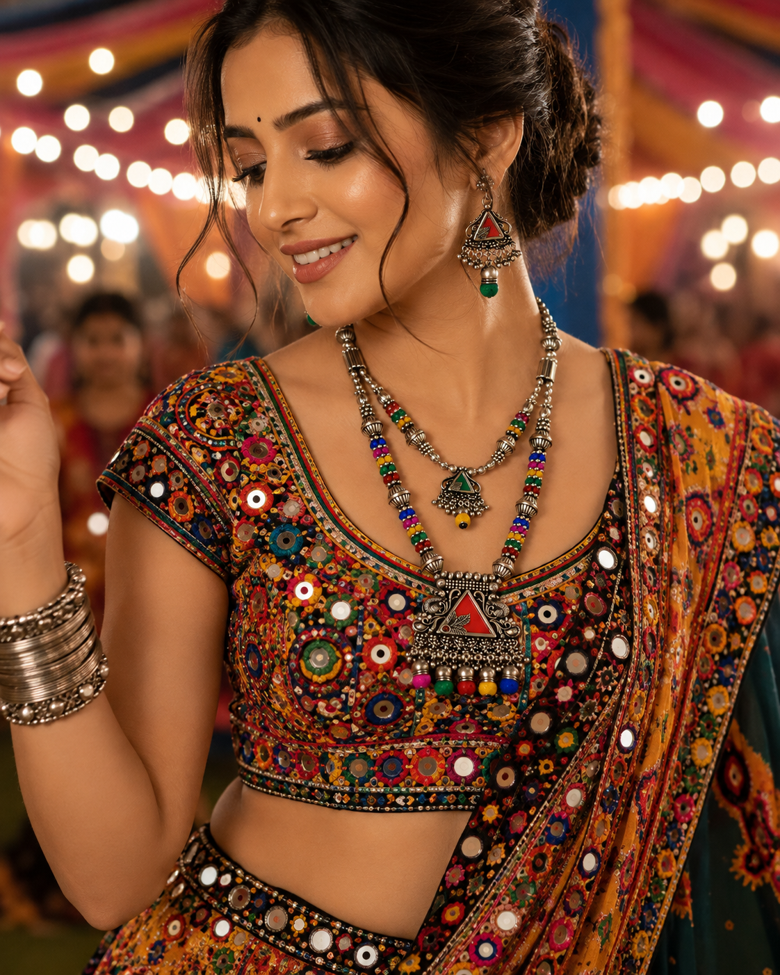Premium Oxidised Multicolor Tribal Necklace Set with Matching Earrings for Navratri Garba Traditional Ethnic Jewellery - worn look