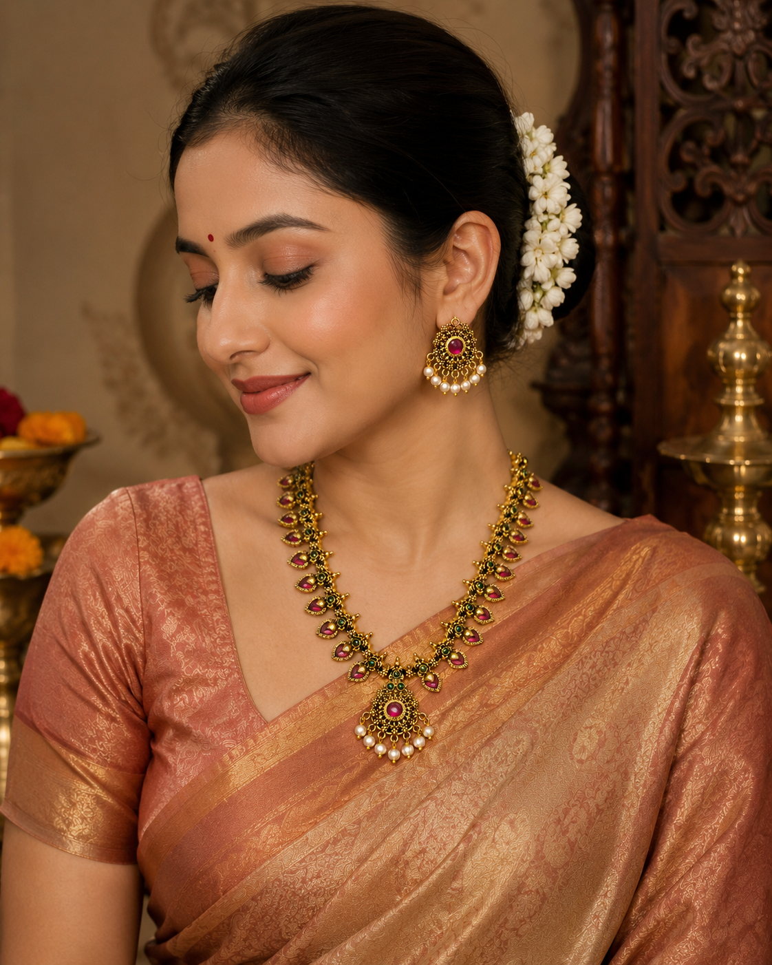 Royal Heritage Ruby Stone Necklace Set with Pearl Drops & Matching Earrings