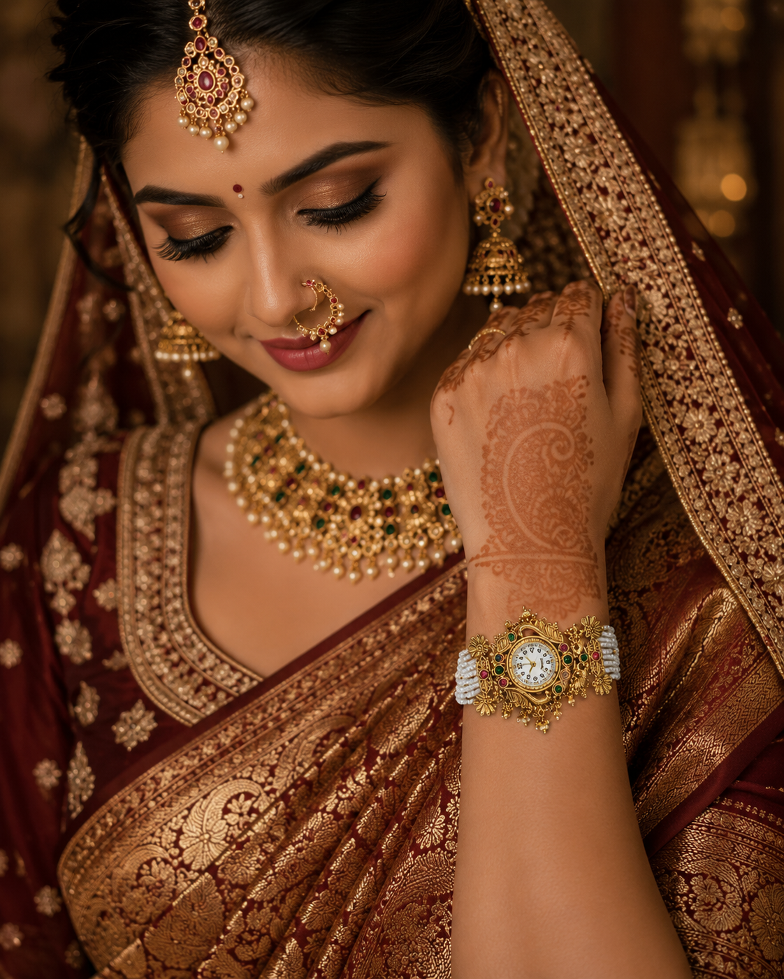 Traditional Bridal Bracelet Watch for Women | Antique Gold Pearl Kada Watch