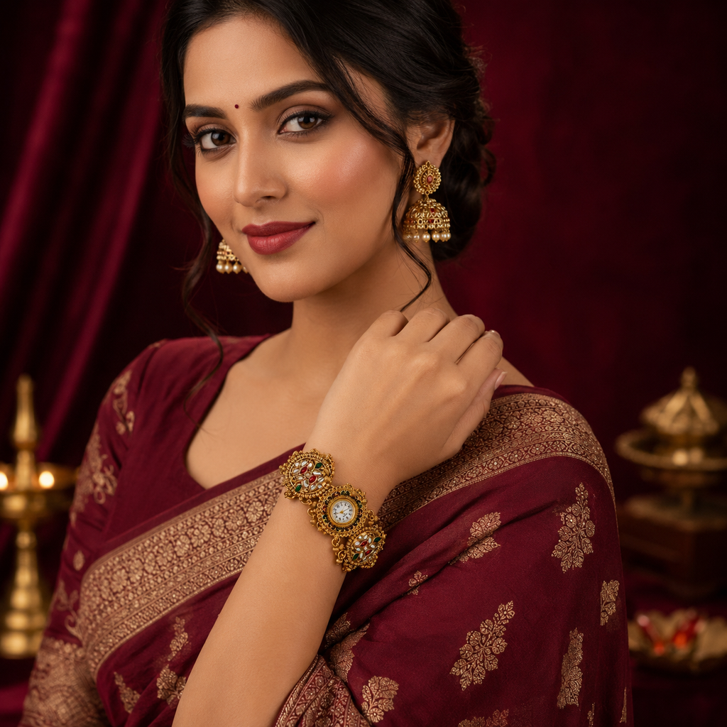 Traditional Kundan Gold-Tone Bracelet Watch with Multicolor Stones