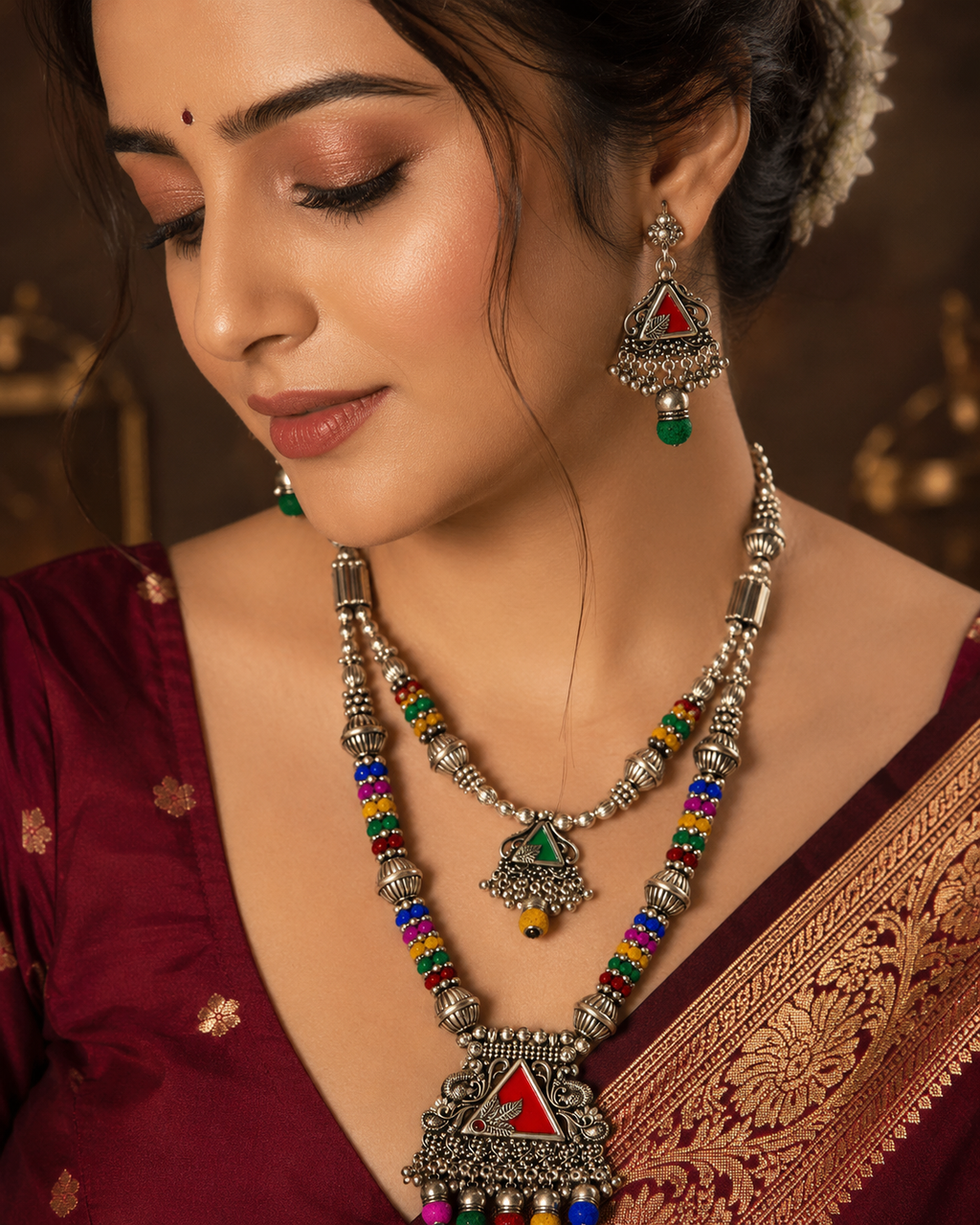 Premium Oxidised Multicolor Tribal Necklace Set with Matching Earrings for Navratri Garba Traditional Ethnic Jewellery - close up