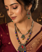 Premium Oxidised Multicolor Tribal Necklace Set with Matching Earrings for Navratri Garba Traditional Ethnic Jewellery - close up