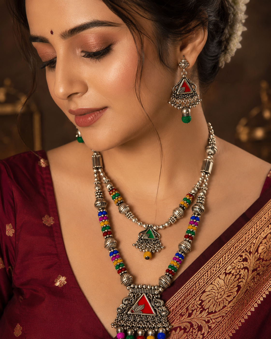 Premium Oxidised Multicolor Tribal Necklace Set with Matching Earrings for Navratri Garba Traditional Ethnic Jewellery - close up