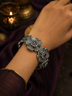 Oxidised silver floral ruby stone folding kada - side view