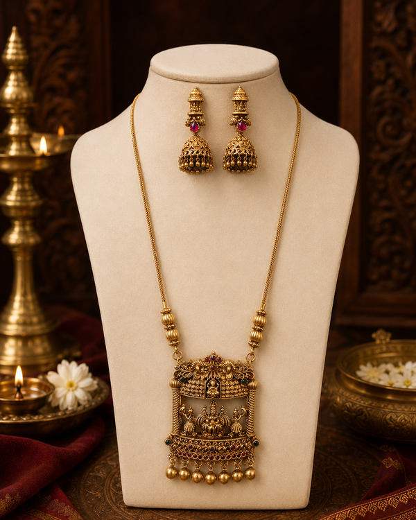 Antique Gold Lakshmi Temple Long Necklace Set with Jhumka Earrings
