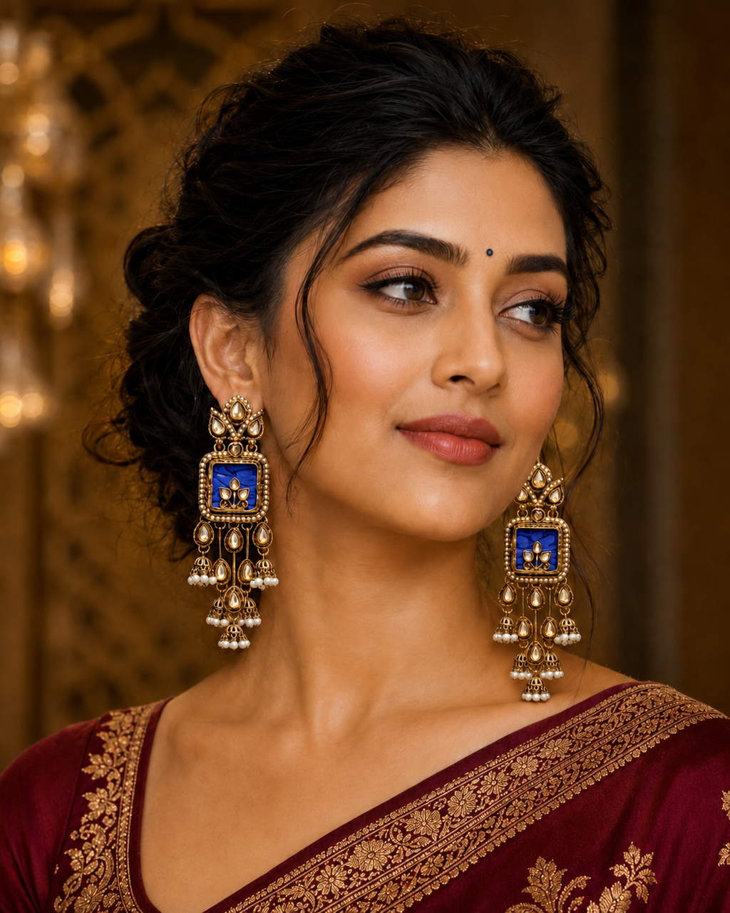 Royal blue square kundan pearl long jhumka earrings