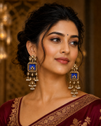 Royal blue square kundan pearl long jhumka earrings