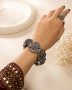 Oxidised silver layered flower ruby stone kada - close up view