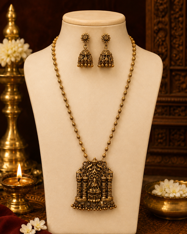 Antique Gold Lakshmi Temple Beaded Long Necklace Set with Earrings
