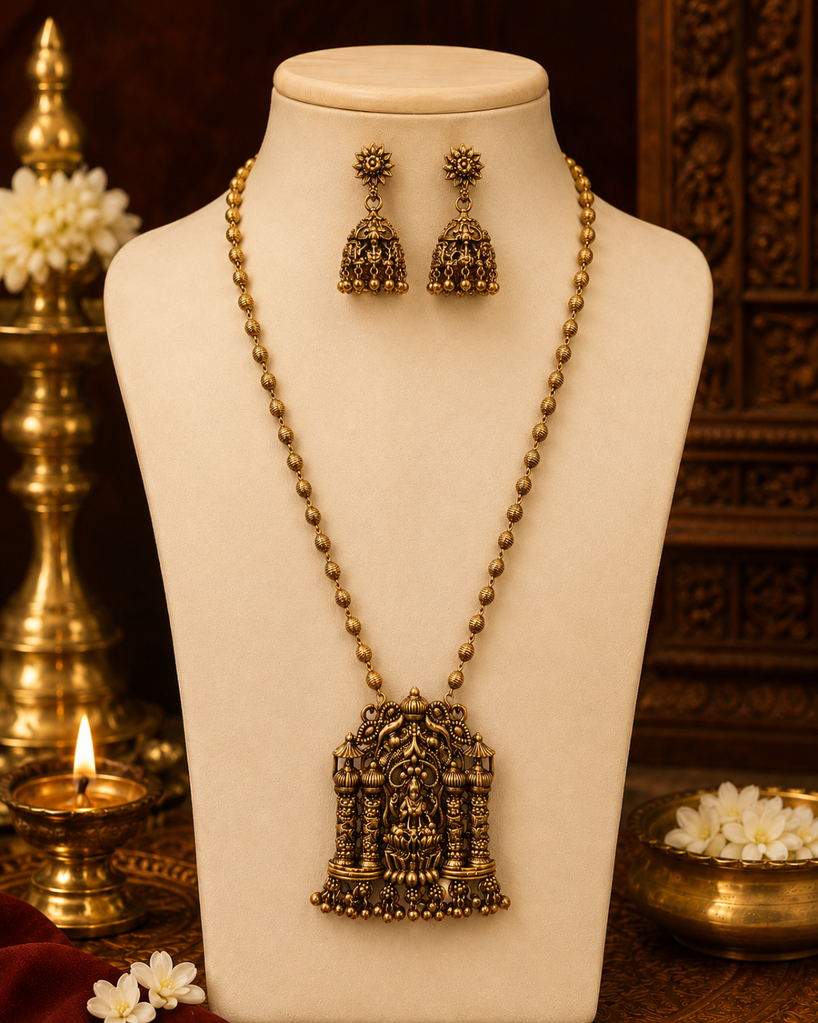 Antique Gold Lakshmi Temple Beaded Long Necklace Set with Earrings