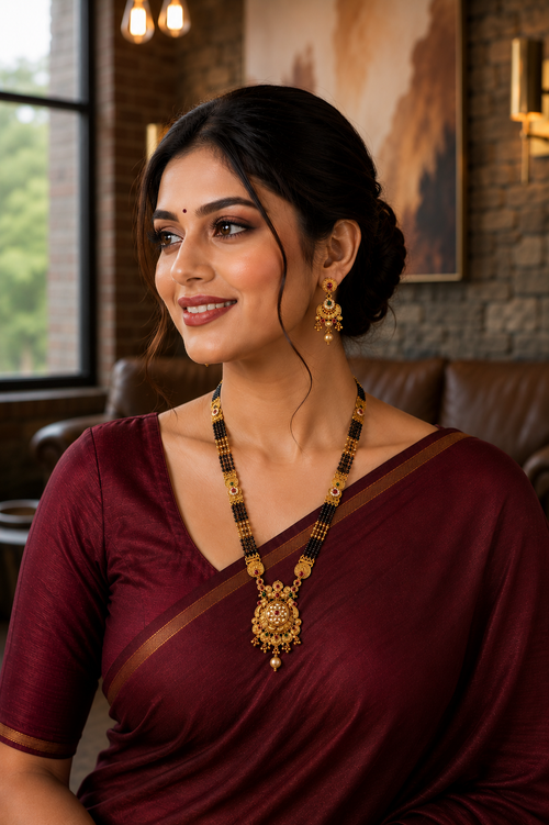 Designer Mangalsutra Set with Earrings | Traditional Gold Plated Black Beads Necklace