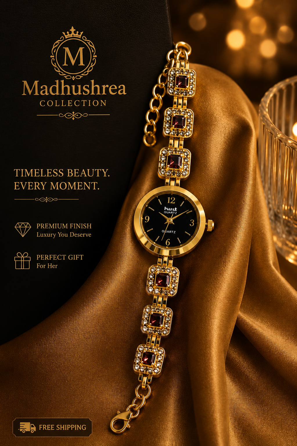 Ruby Crystal Bracelet Watch for Women | Luxury Gold Plated Designer Watch for Girls