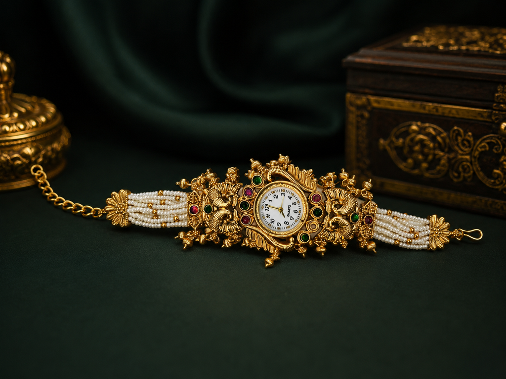 Traditional Bridal Bracelet Watch for Women | Antique Gold Pearl Kada Watch