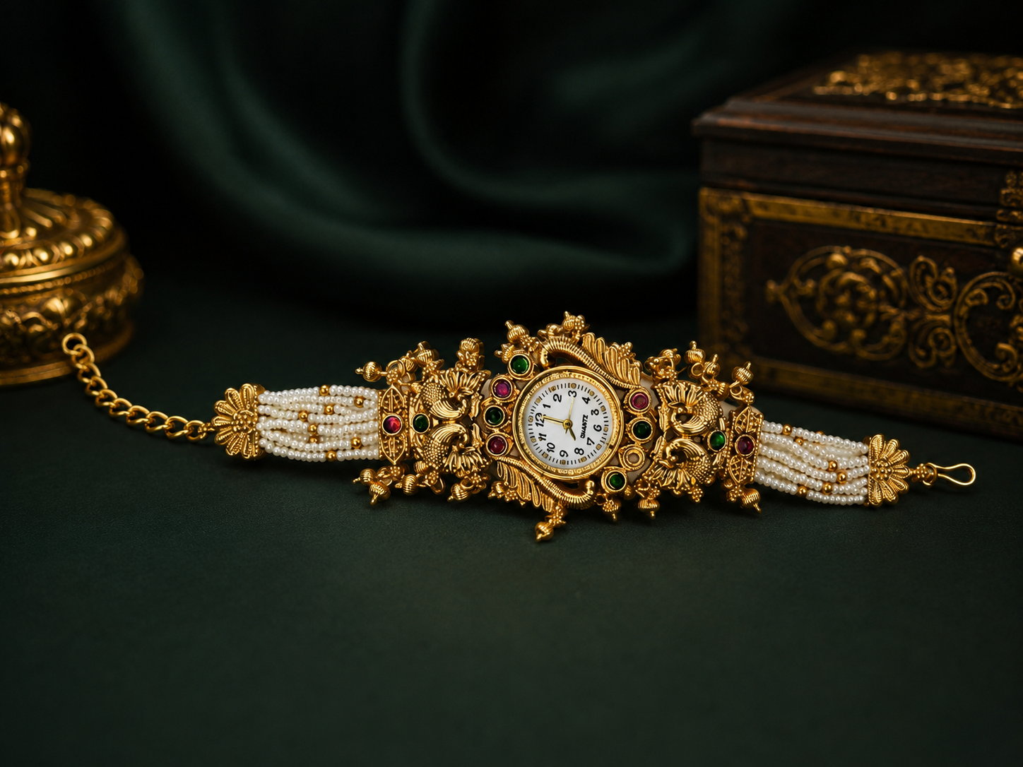 Traditional Bridal Bracelet Watch for Women | Antique Gold Pearl Kada Watch