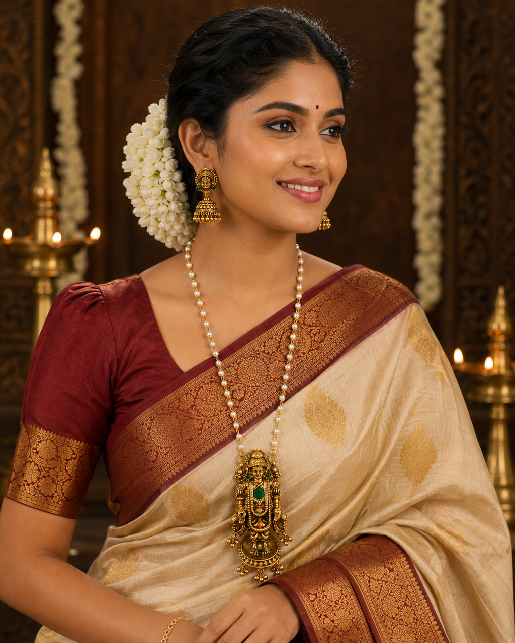 Antique gold Balaji pendant pearl long necklace set with matching jhumka earrings