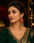 Red square multicolour kundan pearl jhumka earrings
