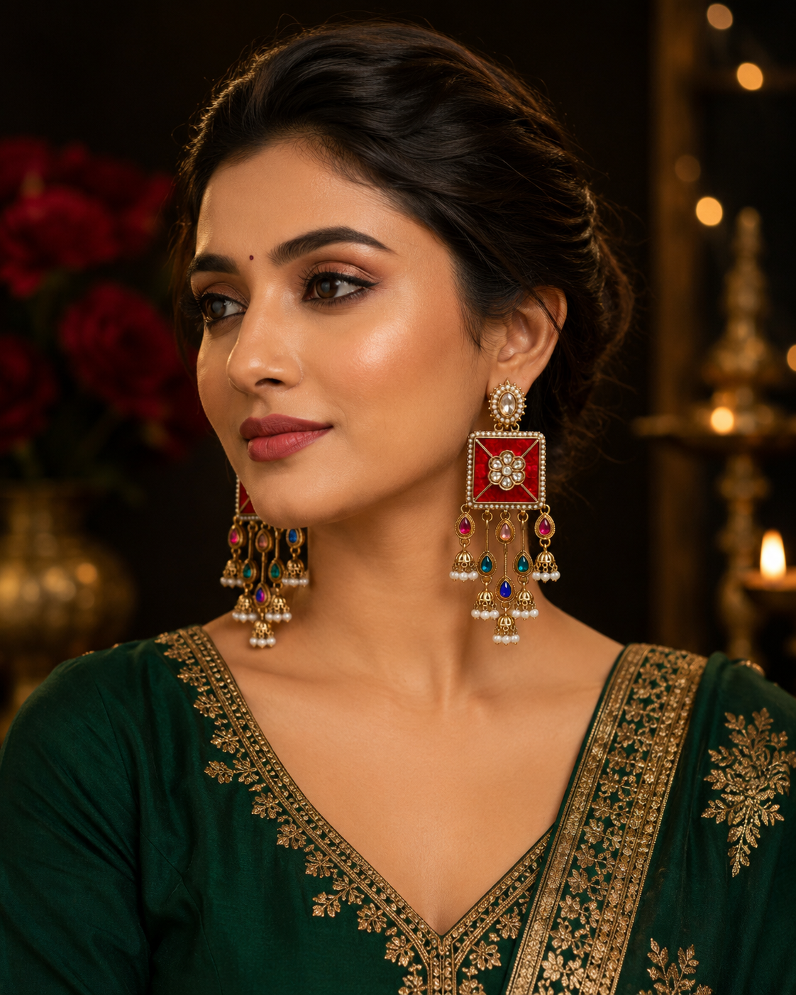 Red square multicolour kundan pearl jhumka earrings