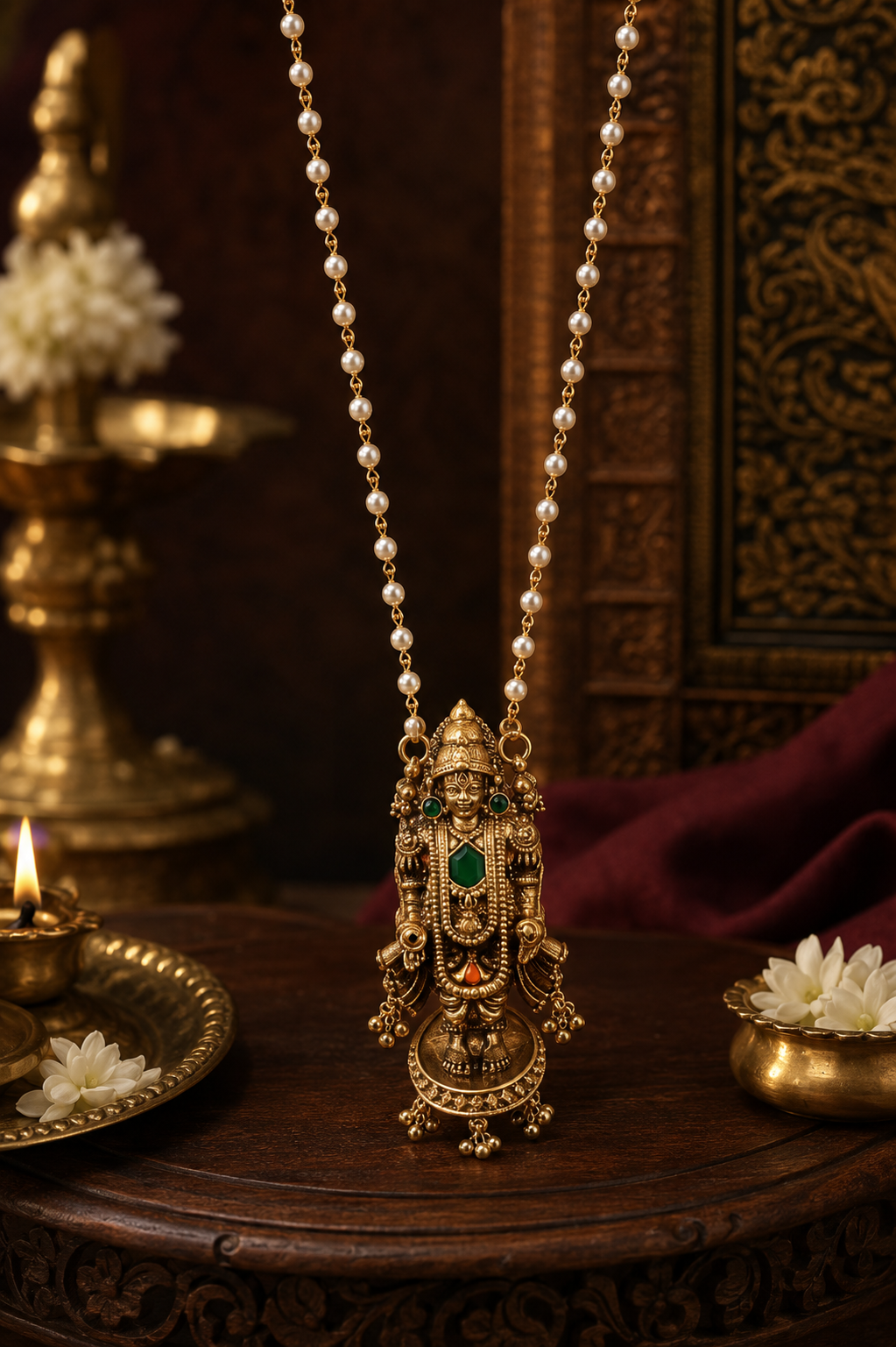 Antique gold Balaji pendant pearl long necklace set with matching jhumka earrings