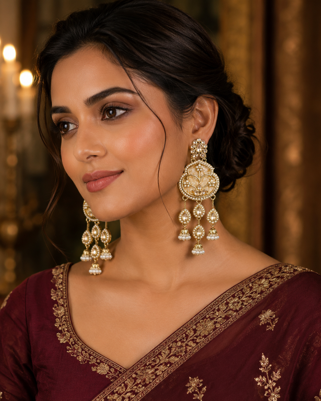 Ivory floral kundan pearl chandbali jhumka earrings