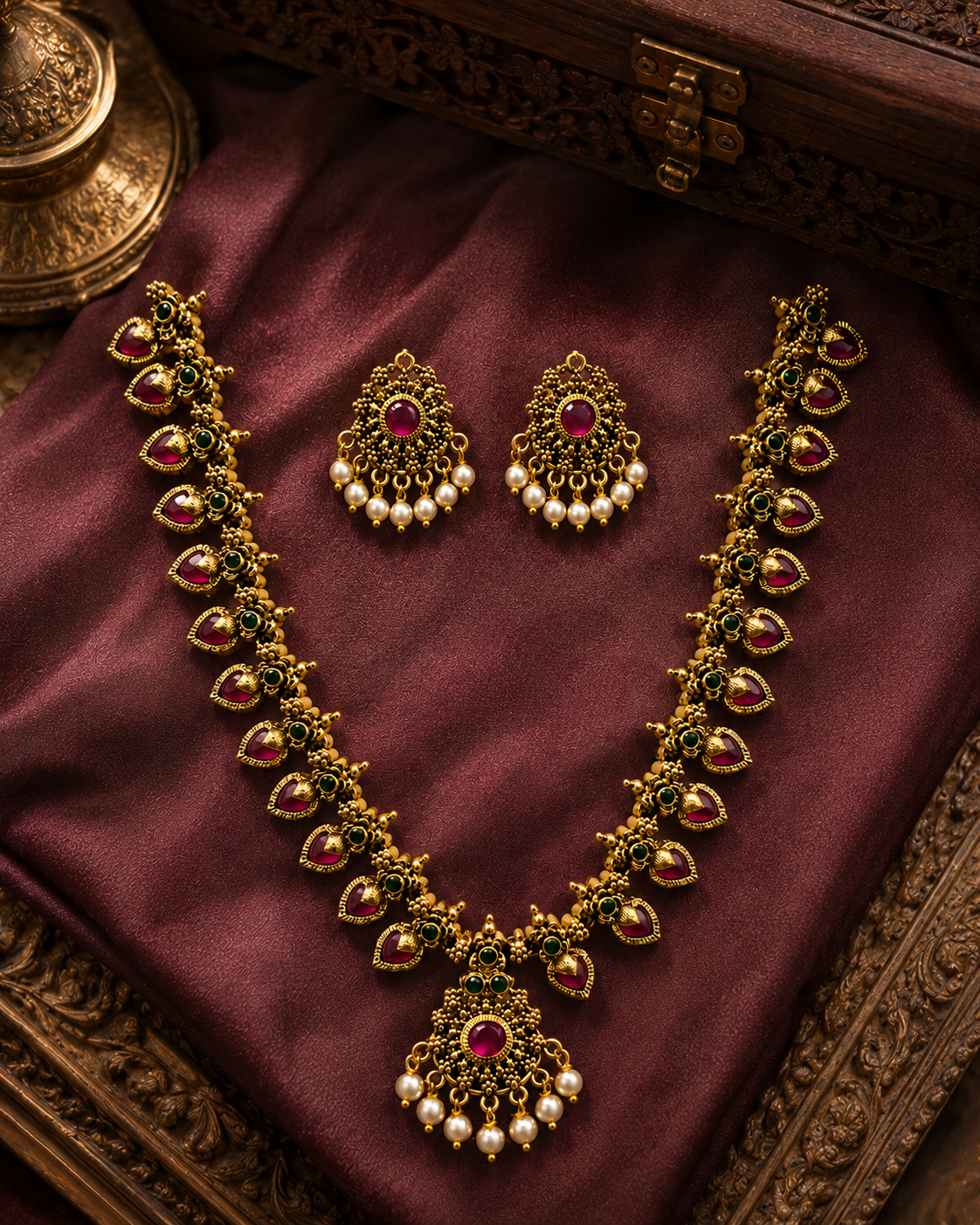 Royal Heritage Ruby Stone Necklace Set with Pearl Drops & Matching Earrings