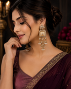 Champagne square kundan pearl long jhumka earrings