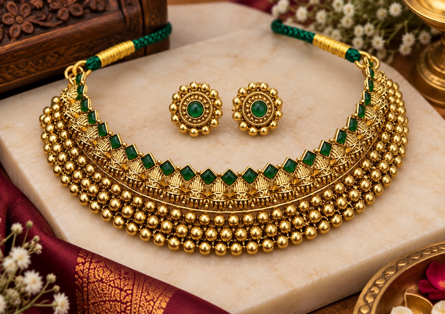 Antique Gold Temple Choker Necklace Set with Green Stones & Earrings