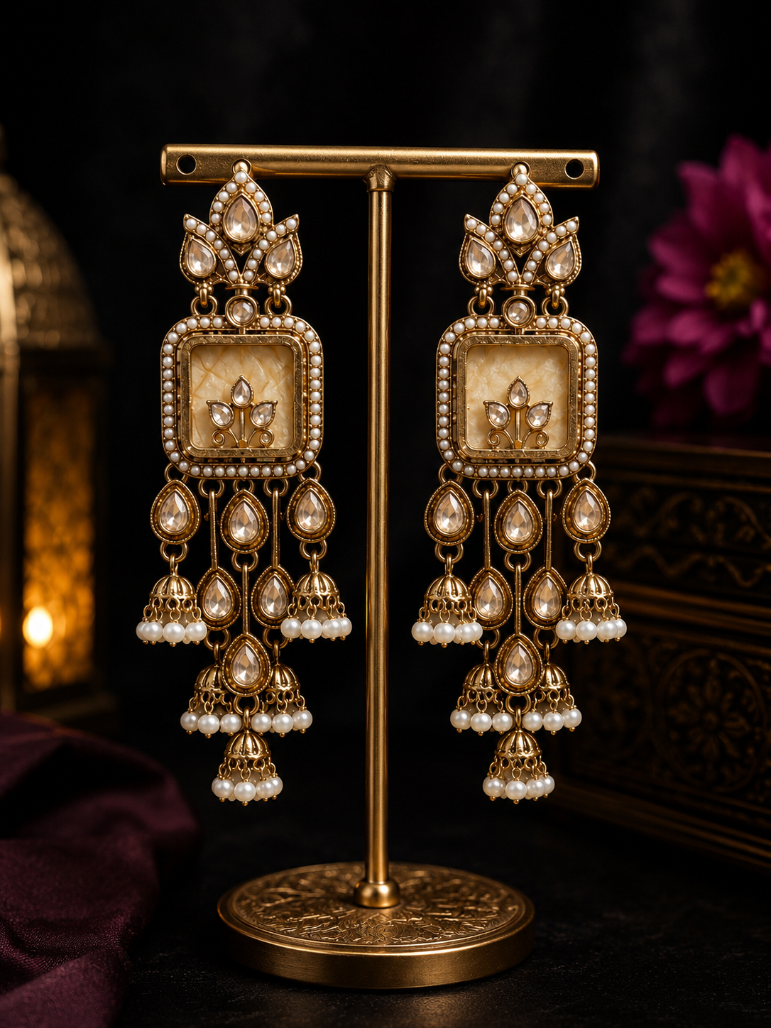 Champagne square kundan pearl long jhumka earrings